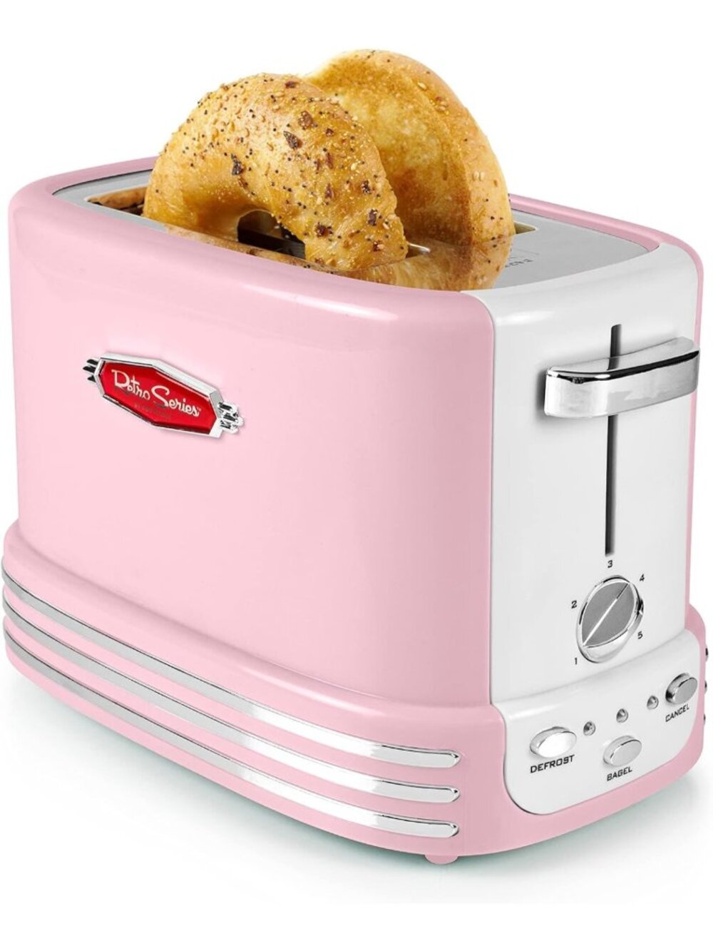 Vintage Retro 2-Slice Toaster - Wide Slots, Crumb Tray, 5 Toasting Levels, Pink